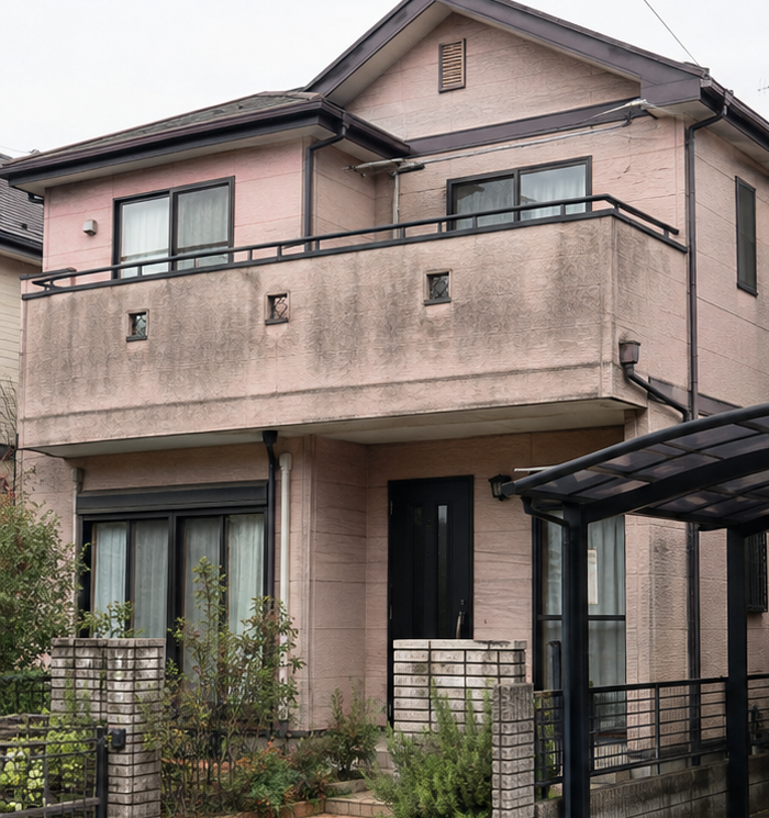 塗り替え前:色あせたピンク系でコケが目立つ住宅の外壁